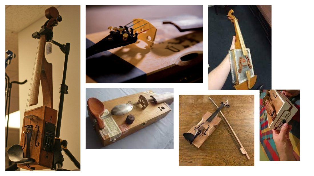 Cigar box instruments on a bench: a violin, a guitar, boxes and necks