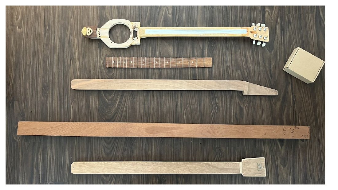 Three shaped necks laid on the bench with a box lid