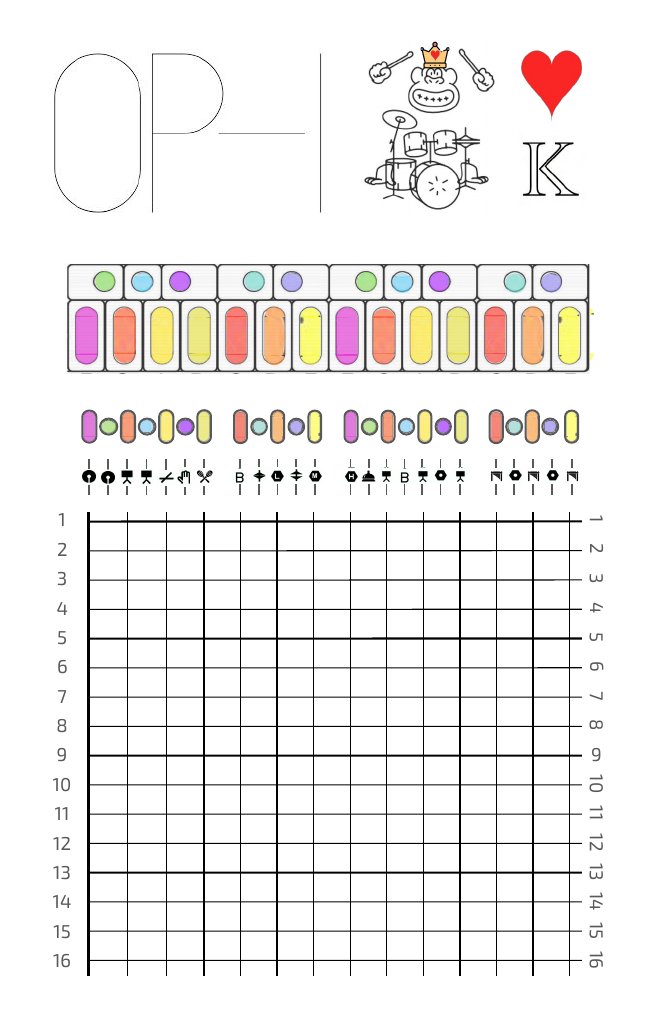 King of hearts card: a drummer and a sixteen-step grid